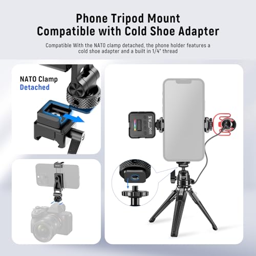 NEEWER Metal Phone Tripod Mount with Cold Shoe NATO Clamp Compatible with DJI RS5 RS4 RS3 Pro RS2 RSC2 Gimbal Stabilizer, 180° Tilt Phone Clip Holder Compatible with iPhone 15 Pro Camera Cage, GA010 - style: GA010 with Nato Clamp