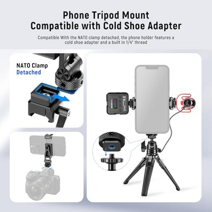 NEEWER Metal Phone Tripod Mount with Cold Shoe NATO Clamp Compatible with DJI RS5 RS4 RS3 Pro RS2 RSC2 Gimbal Stabilizer, 180° Tilt Phone Clip Holder Compatible with iPhone 15 Pro Camera Cage, GA010 - style: GA010 with Nato Clamp