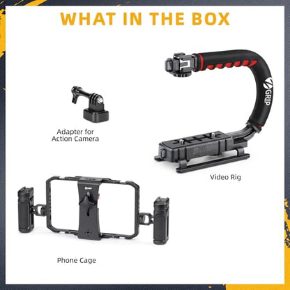 Zeadio Camera Handheld Stabilizer with Aluminum Smartphone Video Cage Rig, Triple Cold-Shoe Handle Grip, Compatible with All Camera Action Camera DSLR Smartphones - style: Standard