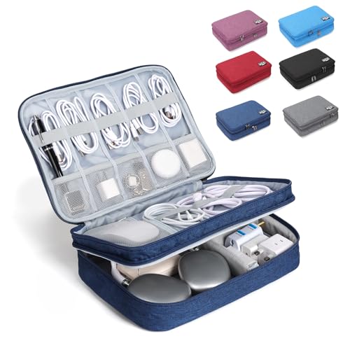 Large Electronic Organizer Travel Case, Double Layer Tech Accessories Bag with 3 DIY Adjustable Dividers, Waterproof Padded Cable Storage Pouch for Camera Gear, Power Bank, Hard Drive, Mouse - color: blue