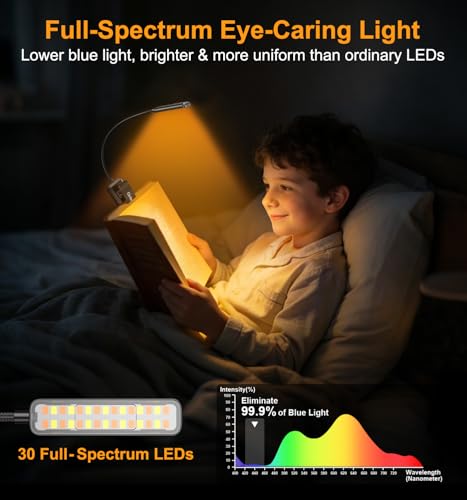 Gritin 2026 Gen 2 Book Light for Reading- 30 Eye Caring Full Spectrum LED | 5 Colors & 5 Brightness, Adjustable Wide/Narrow Beam, Upgrade 1500mAh Long-Lasting Rechargeable Clip on Light for Book Lovers - color: Black