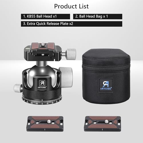 55mm Low Profile Ball Head Tripod Ball Head ARTCISE KB55 Heavy Duty Tripod Head All Metal CNC Machining with Three 1/4" Quick Release Plates for Tripod, Monopod, DSLR, Camcorder, Max Load 88lbs /40kg