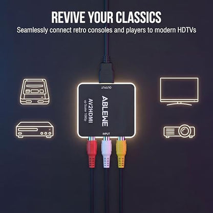 ABLEWE RCA to HDMI,AV to HDMI Converter, 1080P Mini RCA Composite CVBS Video Audio Converter Adapter Supporting PAL/NTSC for TV/PC/ PS3/ STB/Xbox VHS/VCR/Blue-Ray DVD Players - color: Black