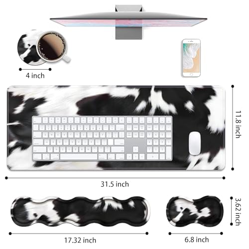 4 in 1 Ergonomic Keyboard Wrist Rest & Mouse Pad Wrist Rest Set, Large XXL Gaming Desk Mat 31.5"x 11.8" with Non-Slip Base, Memory Foam for Home Office Study Gaming, Black and White Cow Print - color: Black and White Cow Print