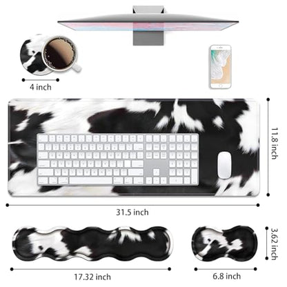 4 in 1 Ergonomic Keyboard Wrist Rest & Mouse Pad Wrist Rest Set, Large XXL Gaming Desk Mat 31.5"x 11.8" with Non-Slip Base, Memory Foam for Home Office Study Gaming, Black and White Cow Print - color: Black and White Cow Print