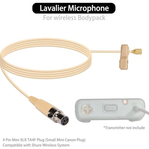 YXG Lavalier Microphone Lapel Microphone, Omnidirectional Condenser mic Compatible with Shure Wireless Bodypack Transmitter, Beige-with 1.45m Cable Mini XLR 4 Pin TA4F Plug