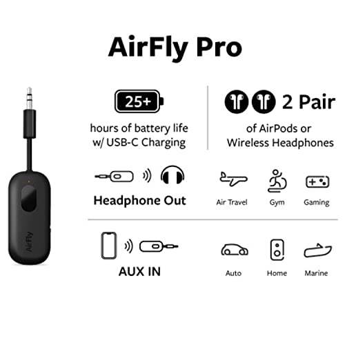 Twelve South AirFly Pro Bluetooth Wireless Audio Transmitter/Receiver for up to 2 AirPods/Wireless Headphones; Use with Any 3.5 mm Audio Jack, Black - color: Black, style: AirFly Pro