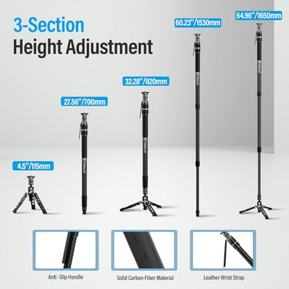 SIRUI SVM-165 Rapid Monopod for Cameras, 65” Carbon Fiber Monopod with Feet, One-Step Rapid Height Adjustment, Lightweight for DSLR Camera, Modular 3 in 1, Max Load 22lbs - size: SVM-165