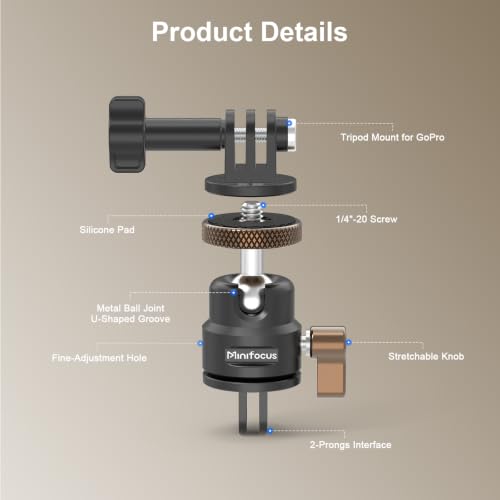 Mini Ball Head, Aluminum Vertical Bracket Tripod Adapter, 360° Rotation Camera Tripod Swivel Mount, 1/4" Screw to 2-Prong Conversion Adapter Compatible with GoPro, DJI Osmo/Pocket, Insta360, AKASO - color: S3020.