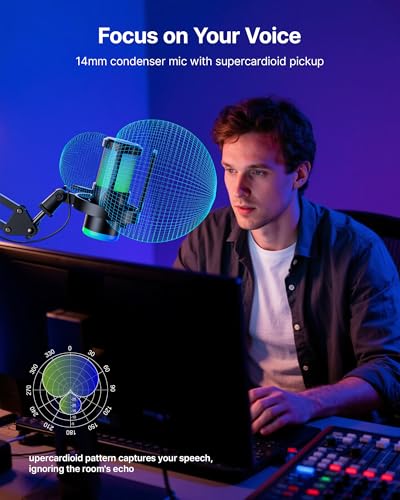 BOYA USB Gaming Microphone with Boom Arm, 192kHz/24bit, Supercardioid + ENC Noise Cancellation, Touch Mute, 9 RGB Effects, Gain Knob, Monitor Jack, Microphone for PC/PS4/PS5/Mac/Android/iOS - size: Boom Arm Version