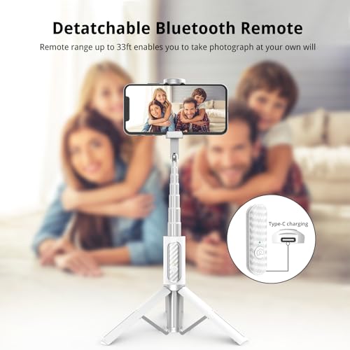 ATUMTEK Selfie Stick Tripod, 3-in-1 Extendable Aluminum Phone Tripod with Detachable Bluetooth Remote, Compatible with iPhone 17/16/15/14/13/12/11/11 Pro/XS Max/XR and Samsung Smartphones, White - color: White