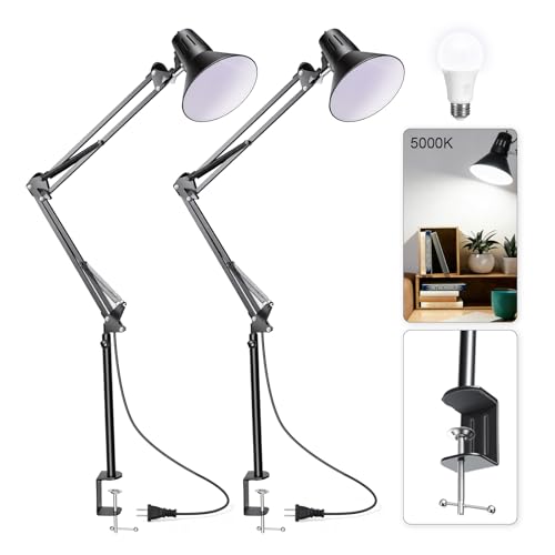 2 Pack LED Desk Lamp With Clamp for Office Home, Eye-Caring Desk Light with 360°Adjustable Extra Tall Metal Swing Arm, High Intensity Clamp w/A19 E26 Bulb for Working Reading, Table Lamps White Light - color: Black, size: 2pack5000K Natural Daylight-Extra