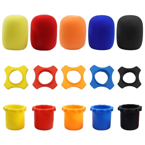 Bonsicoky Microphones Accessories Kit, 5 Pack Anti-Roll Rubber Protection Rings with Windscreen Covers, Colorful Wireless Mic Sleeves for KTV, Home Studio, Karaoke - color: black，orange，red，yellow，blue-5pack