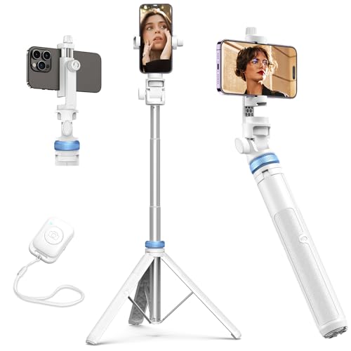 Kaiess 62" Phone Tripod & Selfie Stick, Extendable Photography Light Stand with Wireless Remote, Solidest, Portable, Lightweight, Compatible with iPhone/Android Phone (White) - color: White