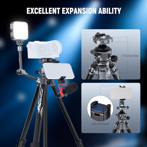 NEEWER LITETRIP LT07 61" Aluminum Travel Tripod for Camera w Pan Tilt Low Profile Ball Head, Arca QR Plate Compatible with PD Tripod Plate, Dual Center Axis, Phone Holder, Max Load 22lb - style: LT07 w/Clip