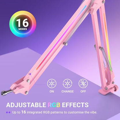 FIFINE Microphone Boom Arm, Metal Adjustable Mic Arm Stand with RGB Button, 3/8” to 5/8” Screw Adapter, Desk Mount Clamp, Suspension Scissor Mic Stand for Gaming Streaming Podcast-AmpliGame BM38P - color: Pink