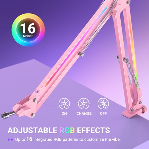 FIFINE Microphone Boom Arm, Metal Adjustable Mic Arm Stand with RGB Button, 3/8” to 5/8” Screw Adapter, Desk Mount Clamp, Suspension Scissor Mic Stand for Gaming Streaming Podcast-AmpliGame BM38P - color: Pink