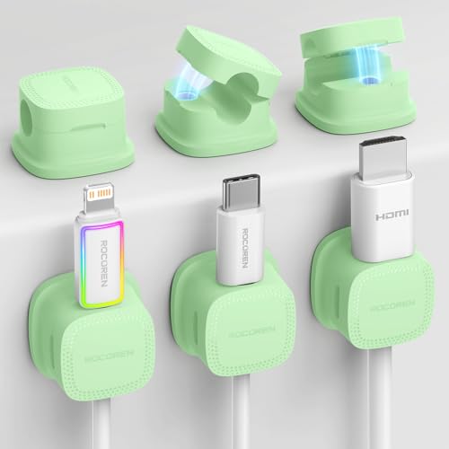 6 Pack Cable Management Cord Organizer, Magnetic Cable Clips-1s Lock, Rocoren Desk Adhesive Cord Cable Clip Wire Holder Keeper for Phone Charger Wire, Nightstand, Car, Office, Desktop Accessory, Green - color: 6-Green