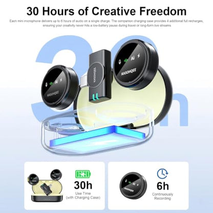 Wireless Lavalier Microphone for iPhone 17/16/15/14, iPad & Android, Magnetic Clip-on Mini Mic with Charging Case,30H Playtime Plug-Play Lapel Lavalier Mic for Vlog TikTok, AI Noise Reduction - color: 2 TX+Lightning Rx+USB-C Rx+Charing Case