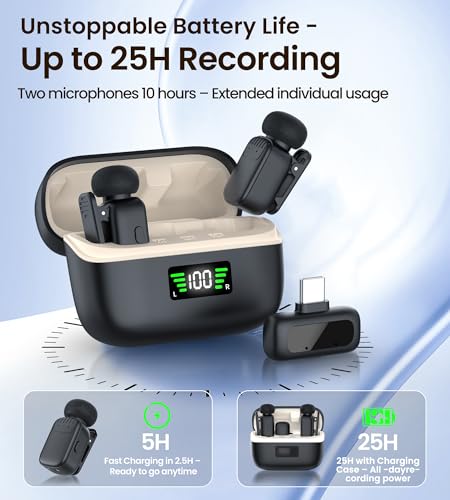 Mini Wireless Lavalier Microphone for iPhone/Android/PC with USB-C Plug, Noise Reduction, 25H Battery Life with Charging Case, Plug & Play, Tiny Mics for Vlogging & Podcast