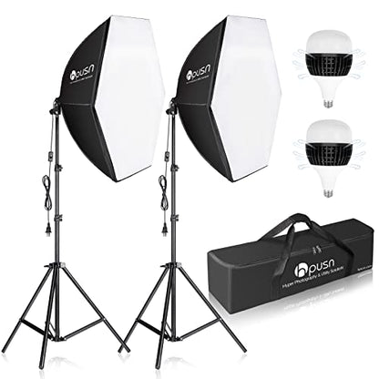 HPUSN Softbox Photography Lighting Kit, 30"X30" Softbox Lighting Kit, 2pcs E27 Socket 5400K LED Bulb, Photo Studio Light for Portrait Lighting, Photography/Video Recording/Live Streaming/YouTube