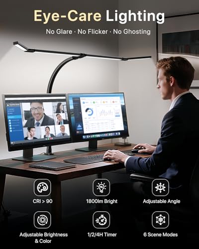 ONEMIX 42" LED Desk Lamp with Clamp, Architect Desk Light with Remote, Adjustable 4-Segment Bar, 1800LM Bright, Eye-Caring Desk Lamp for Home Office, Reading, Study, Dual Monitors, Workbench(Black) - color: Black