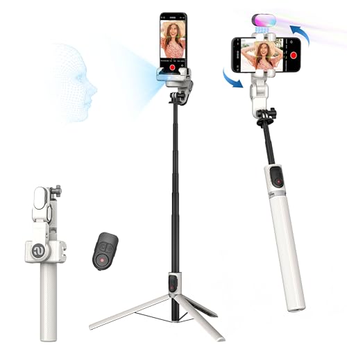 AOCHUAN Auto Face Tracking Tripod 360 Rotation w/Remote Control,Single-axis Phone Gimbal for iPhone Android w/RGB Light,Phone Tripod Follow You for Video Recording,TikTok Vlogging(M2Pro White) - color: White