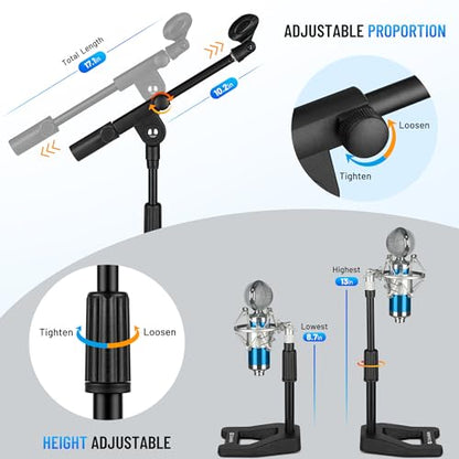 CAHAYA Mic Stand Desk Adjustable - Boom Arm Desktop Microphone Stand Metal Weighted Base A-frame Table Mic Mount with 2 Mic Clips 3/8" to 5/8" Screw Adapter Mic Mount for Singing Stage Performance