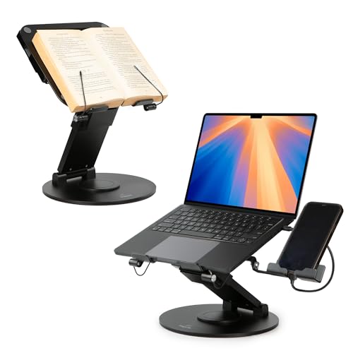 3-in-1 Adjustable Laptop Stand, Book Stand, and Phone Holder - 360° Rotating Display for All Laptops - 2–21" Height for Ergonomics - Office Desk Accessories - Stylish - Patented - Sky Black
