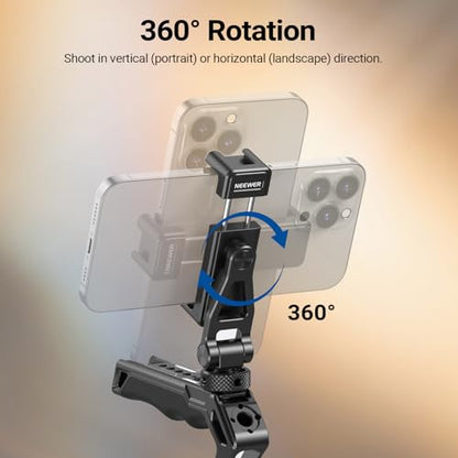 NEEWER GA010 Phone Tripod Mount, 65–90mm Adjustable Phone Clamp Holder with 1/4" Thread, 180° Tilt, 360° Swivel, Cold Shoe Accessories Compatible with iPhone 17 Pro Max Samsung S26 Ultra & More