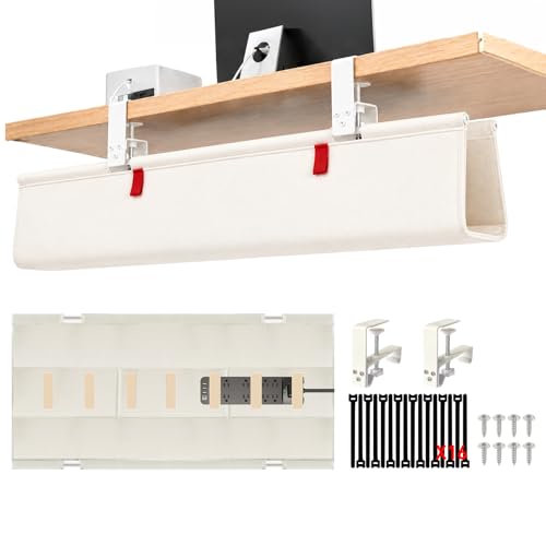 Under Desk Cable Management Tray – No Drill, 48" L x 6" W, Non-Scratch Silicone Clamps, 16 Cable Slots, Washable Honeycomb Base,Beige - color: Beige, size: Upgraded with Enhanced Features-48"L x 6.0"W