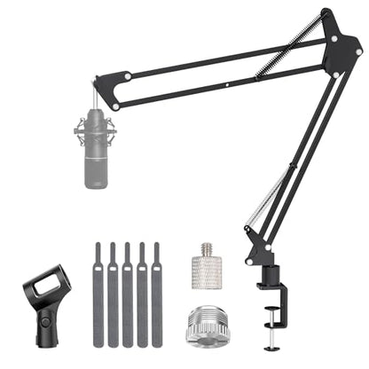 Mic Boom Arm, 1/4 3/8 5/8" Low Profile Microphone Stand, Cable Management | 360° Rotatable, Desk Mount Clamp, Heavy Duty Metal Black, Spring Damping, Streaming, Gaming, Recording, Podcasting, Studio