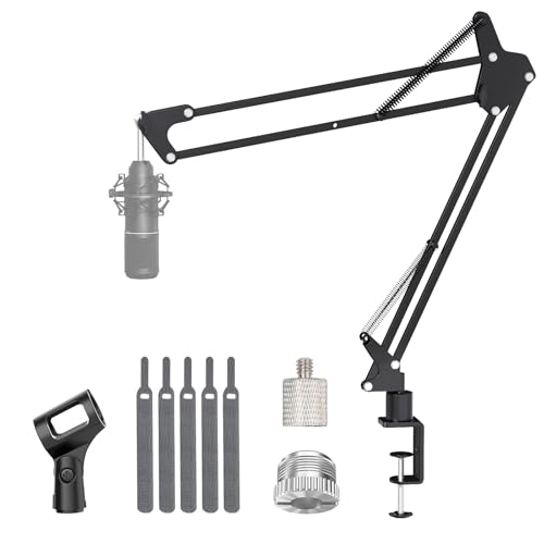 Mic Boom Arm, 1/4 3/8 5/8" Low Profile Microphone Stand, Cable Management | 360° Rotatable, Desk Mount Clamp, Heavy Duty Metal Black, Spring Damping, Streaming, Gaming, Recording, Podcasting, Studio
