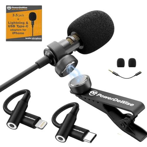 PowerDeWise Professional Grade Lavalier Clip On Microphone - Lav Mic for Camera Phone iPhone GoPro Video Recording ASMR - Small Noise Cancelling 3.5mm Tiny Shirt Microphone with Easy Clip On System - style: Wired Lapel Microphone Kit
