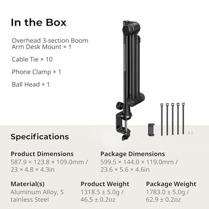 SmallRig Overhead 3-Section Desktop Camera Bracket, Damping Boom Arm Desk Mount with 360 Rotatable Ball Head, Tabletop C Clamp, Max Load to 4.4lbs / 2kg for Photography Videography Live Stream - style: Clamp 4324