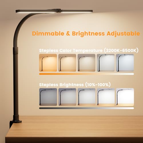 LED Desk Lamp for Home Office, 24W Computer Desk Light with Remote Control, Bright Table Lamp with Clamp Dimmable Tall Desktop Lighting with Bendable Gooseneck, Double Head, Black - style: Clamp Version - Black