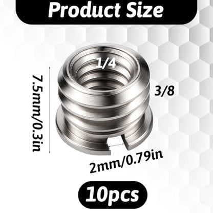 10PCS 1/4"-20 Female to 3/8"-16 Male Tripod Adapter Standard Metal Tripod Adapters 1/4 to 3/8 Reducer Bushing Convert Screw Adapter for Camera Camcorder Monopod Stand Video Light, Sliver