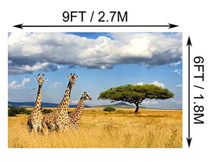 Fabric 9x6ft Kilimanjaro Giraffe Backdrop Africa Safari Background Jungle Giraffe Birthday African Themed Party Decorations Banner Photo Booth Props Zoo Wildlife Animals Backdrops - size: 9x6FT