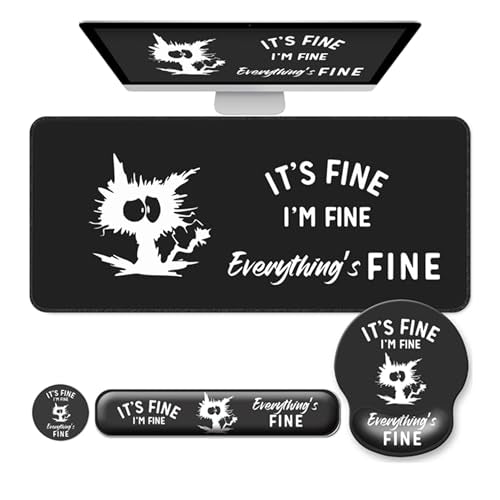 Desk Mat Set + Keyboard and Mouse Pad with Wrist Rest Support,4-in-1 Large Mousepad Computer Mats for Desktop Home & Office-It's fine I'm fine Everything is fine - color: E3-Funny Cute Cat