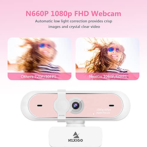 NexiGo N660P 1080P 60FPS Webcam with Software Control, Dual Microphone & Cover, Autofocus, HD USB Computer Web Camera, for OBS/Zoom/Skype/FaceTime/Teams/Twitch, Pink - style: 1080P 60FPS Webcam Pink