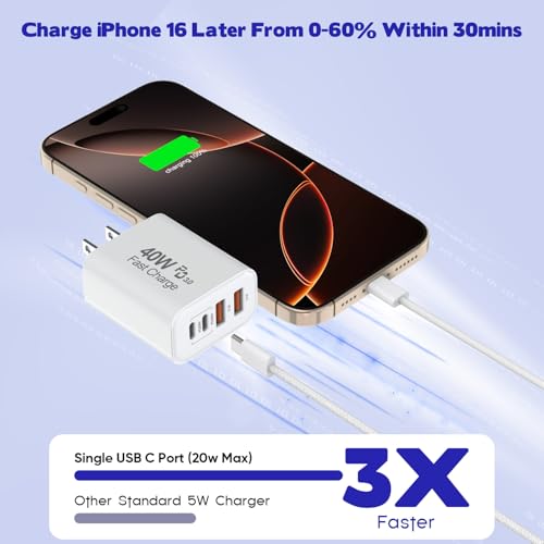 10FT iPhone 17 16 15 Pro Charger,2Pack 10Foot USB C to C Woven Cable Cord 40W USB C Apple Charger 4 Port PD&AC Charge Block Fast Charging for iPhone 17 Air/17 16 15 Pro Max/16e/16 Plus/15/15 Pro/iPad - size: 10FT C-C