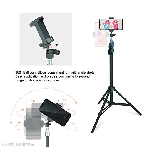 LINCO Selfie Stick Cell Phone Stand for Video Call and Conference, 360 Degree Ball Head, 63 Inches Compact Tripod Stand for Apple & Android Devices, C004B 1 Set