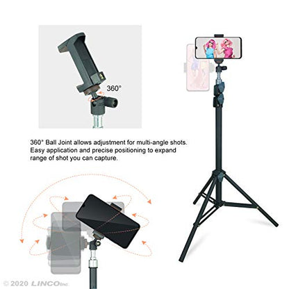 LINCO Selfie Stick Cell Phone Stand for Video Call and Conference, 360 Degree Ball Head, 63 Inches Compact Tripod Stand for Apple & Android Devices, C004B 1 Set