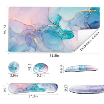 QIYI Leather Desk Mat Set, 4-in-1 Large Mouse Pad with Ergonomic Wrist Rest, Waterproof Desk Pad + Keyboard Wrist Rest +Mouse Wrist Support+Coaster, Non-Slip Office Gaming Accessories, Blue Pink Fluid - color: Blue Pink Fluid