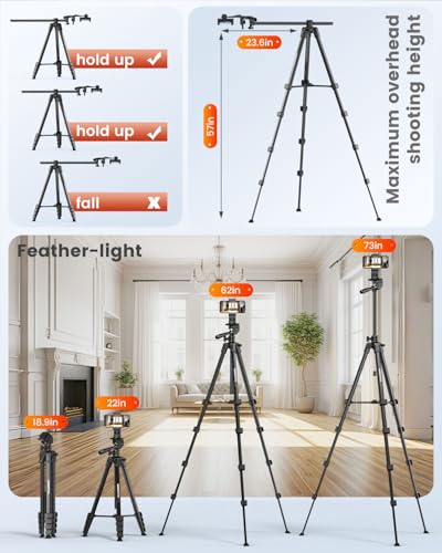 CAMBOFOTO 73"-Phone-Tripod-with-Horizontal-Overhead, Selfie Stick/Tall Travel Stand with Wireless Remote and iPhone Holder, Mirrorless/Compact/GoPro/Camera/Compatible/iPhone/Smartphone