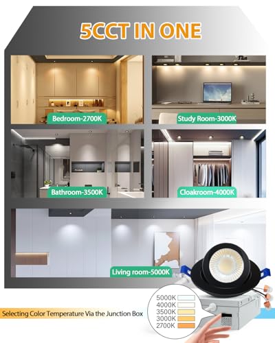 zouzai 3 Inch Gimbal LED Recessed Lights, Black, 12 Pack, with Junction Box, 360°+ 90° Adjustable, 5CCT 2700K-5000K, Dimmable, Canless Eyeball Downlight, CRI90+, 800LM 7W 120V, ETL - color: Black-3 inch, size: 12 Pack