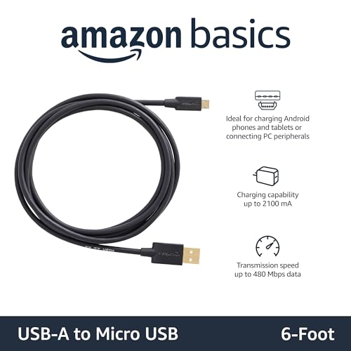 Amazon Basics 2-Pack USB-A to Micro USB Cable, Android Charger, 480Mbps Transfer Speed, Gold-Plated Connectors, USB 2.0, 6 Foot, Black - size: 6 Feet, style: 2 Pack