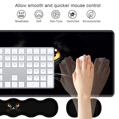 4 in 1 Ergonomic Keyboard Wrist Rest & Mouse Pad Wrist Rest Set, Large XXL Gaming Desk Mat 31.5"x 11.8" with Non-Slip Base, Memory Foam for Home Office Study Gaming, Black Cat Face - color: Black Cat Face