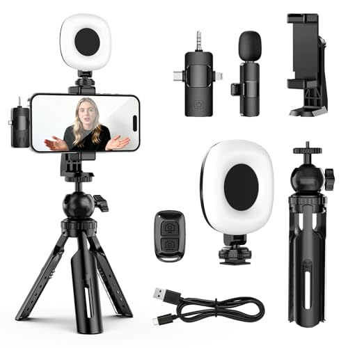 UBeesize Vlogging Kit for iPhone/Android, YouTube Starter Kit for Content Creators with Wireless Microphone, LED Video Light, Phone Clip, Adjustable Tripod for Vlogging, YouTube, Instagram, TikTok