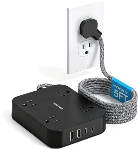 HANYCONY 5 Ft Braided Extension Cord with Ultra-Thin Flat Plug, 4 Widely Spaced Outlets & 4 USB Ports (2 USB C), Non-Surge Protector Power Strip for Cruise Ship, Travel Essentials, Home Office, Black - color: Black, size: 5 Ft